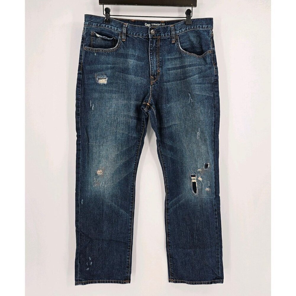 Gap Straight Fit Jeans Mens Sz 36/30 Dark Wash Distressed Cotton